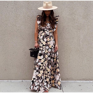 Kivari Womens Size 6 Delilah Linen Toe Back Maxi Dress Black Floral EUC Coastal